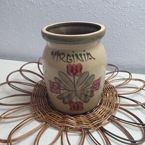 Vintage VIRGINIA Beaumont Brothers Pottery Hand Painted Floral Stoneware Crock